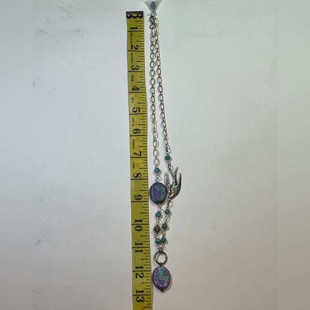 Handmade silver necklace with a bird, purple and turquoise beads - Picture 8 of 8